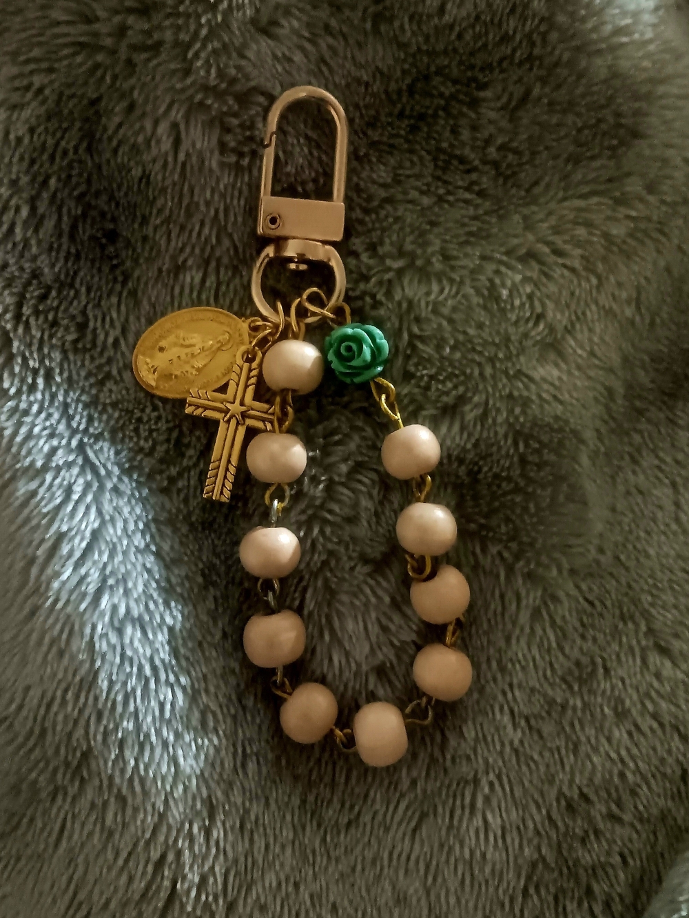 Gold-Tone Beaded Rosary Keychain with Wood Beads & Green Rose Accent